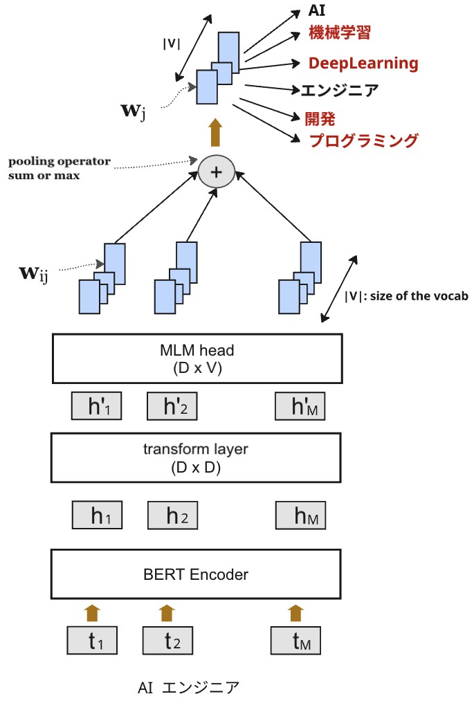 図2: SPLADE のアーキテクチャと疎ベクトル生成のメカニズム